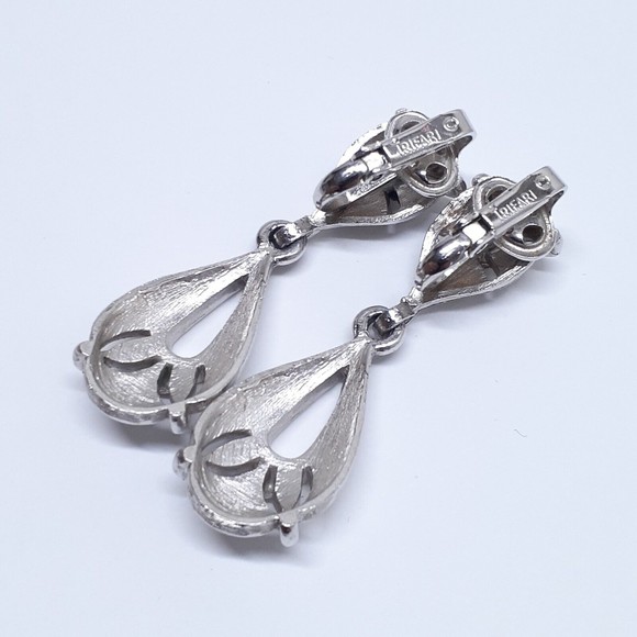 Vintage Crown Trifari Earrings Signed Clip On Silver Tone Dangle - Picture 11 of 16